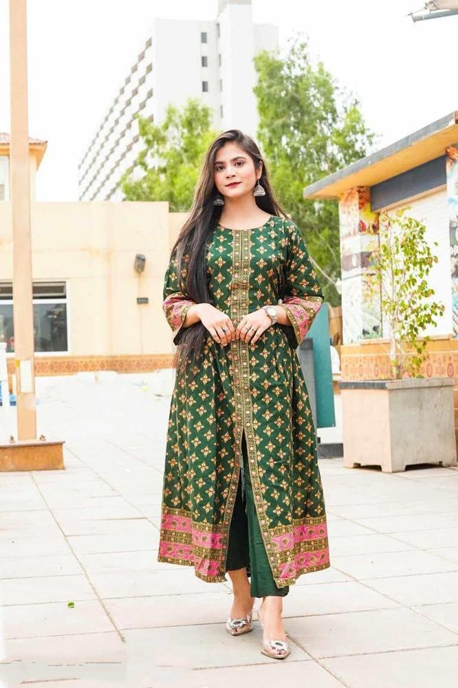 2 Pcs Women's stitched Katan Silk Printed Maxi