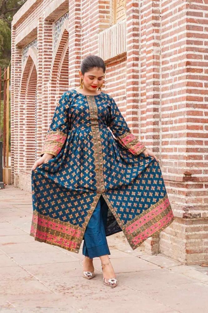 2 Pcs Women's stitched Katan Silk Printed Maxi