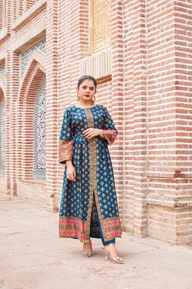 2 Pcs Women's stitched Katan Silk Printed Maxi