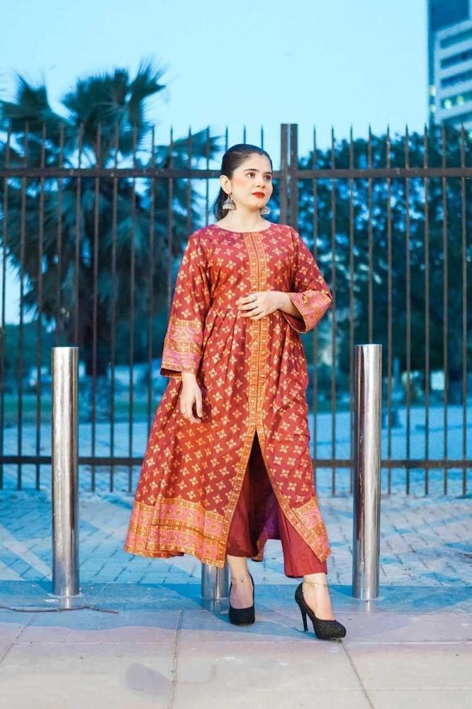 2 Pcs Women's stitched Katan Silk Printed Maxi