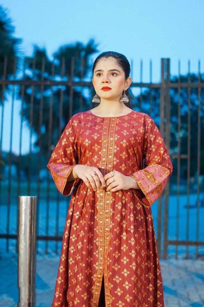 2 Pcs Women's stitched Katan Silk Printed Maxi