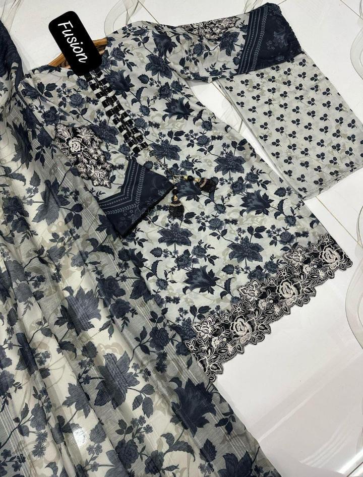 Stylish Woman's Printed Stitched Suit - 3 Pcs with Lawn Fabric and Organza Dupatta
